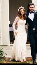 Vintage Sheath Long Sleeves Lace Country Wedding Dress V-Back Bridal Gowns 2026