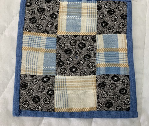 Vintage Patchwork Quilt Table Topper, Nine Patch, Calico Prints, Blue, Black - Picture 3 of 6