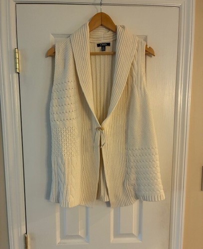 Chaps Women's Ivory Open Shawl Collar Cotton Blend Knit Long Vest Size Large