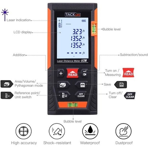 Tacklife misuratore laser muto classico HD60 196 piedi M/In/Ft - Foto 5 di 5
