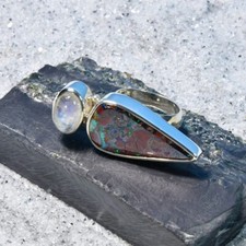 Boulder Opal Ring, 925er Silber, Edelsteinring (21542), mit Mondstein