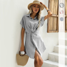 Women's Dress Summer Short Sleeve Shirt Dress Design Sense Striped Dress