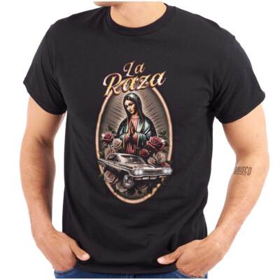 Latino Christian Virgin Mary La Raza Car Womens or Mens Crewneck T Shirt Tee