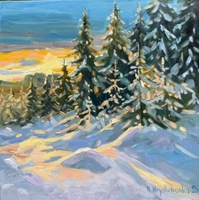 Original Oil Painting WINTER LANDSCAPE Snow-covered sunset Signed Art 8x8 inch