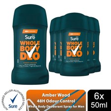 Sure Men Whole Body Amber Woods All Over Odour Control Deodorant Stick 50ml, 6pk