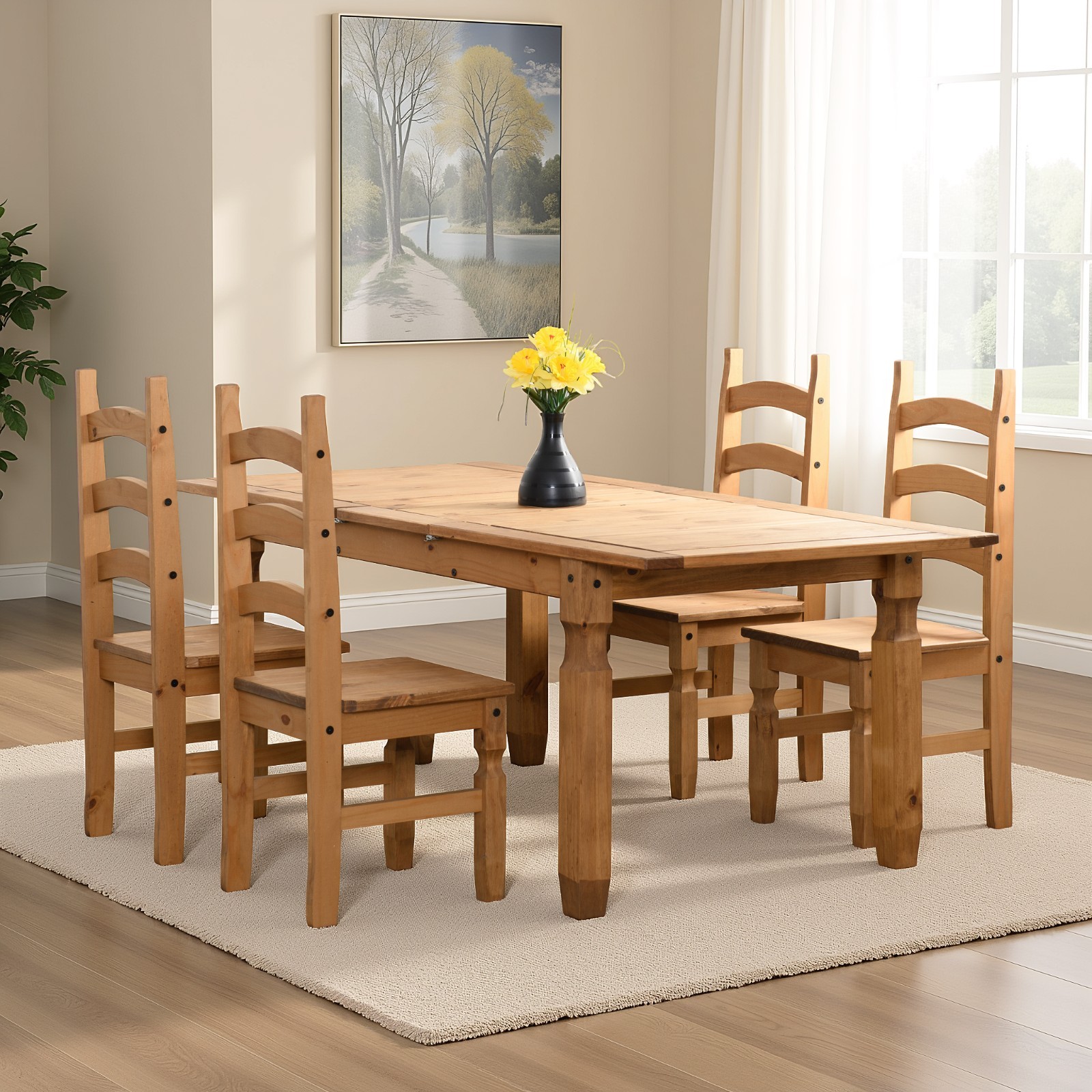 Corona Extending Dining Set X4 Chairs Chunky Wax Solid Wood Pine Rustic Mexican