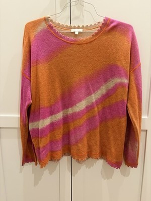 Lisa Todd Sweater XL Merino Wool Cashmere Pink Orange Tan Distinct Frayed Trim