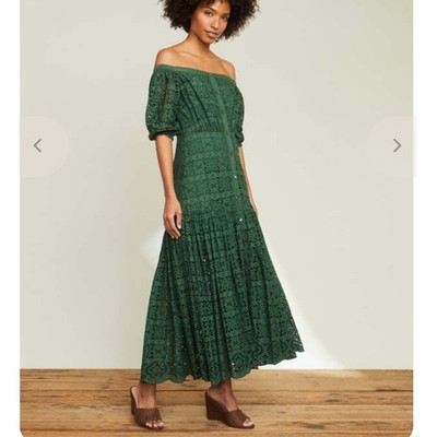 Veronica Beard Cali Off The Shoulder Boho Eyelet Maxi Dress Size 8 Green Tiered