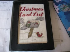 CHRISTMAS CARD LIST ADDRESS BOOK/WINTER SCENE CROSS STITCH ON BLACK COVER *NEW*
