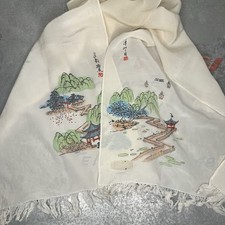 Vintage Japanese Hand Painted White Opera Scarf with Fringe 42