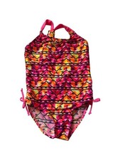 Girls One-Piece Swimsuit With Side Ties Geometric Print Pink - 4
