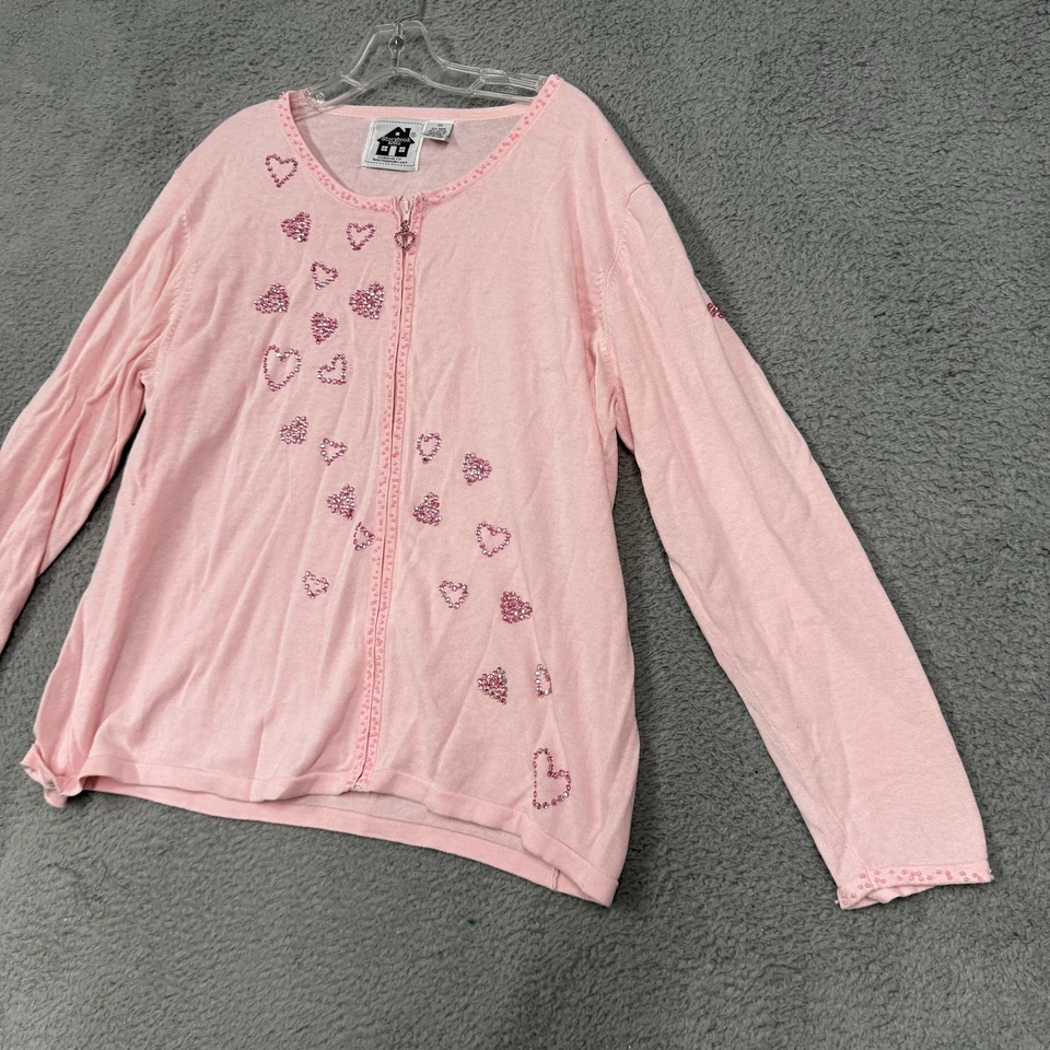 Suéter de punto Storybook para mujer 2X cárdigan rosa con cremallera lentejuelas corazones San Valentín Foto 3 de 4