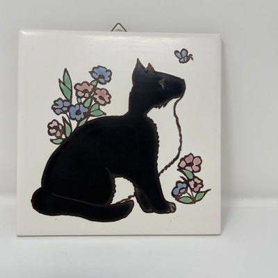 Vintage Hanging Art Tile Tuxedo Cat Kitty In Flowers Playful Bee Cork Backing