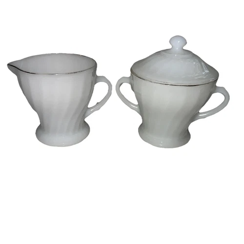 Vintage Anchor Hocking Fire King Milk Glass Swirl Creamer & Sugar Bowl Gold Trim