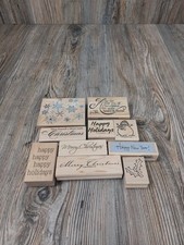 Set of 10 Christmas Rubber Stamps &ndash; Greetings, Snow Man, Leafs, New Year.