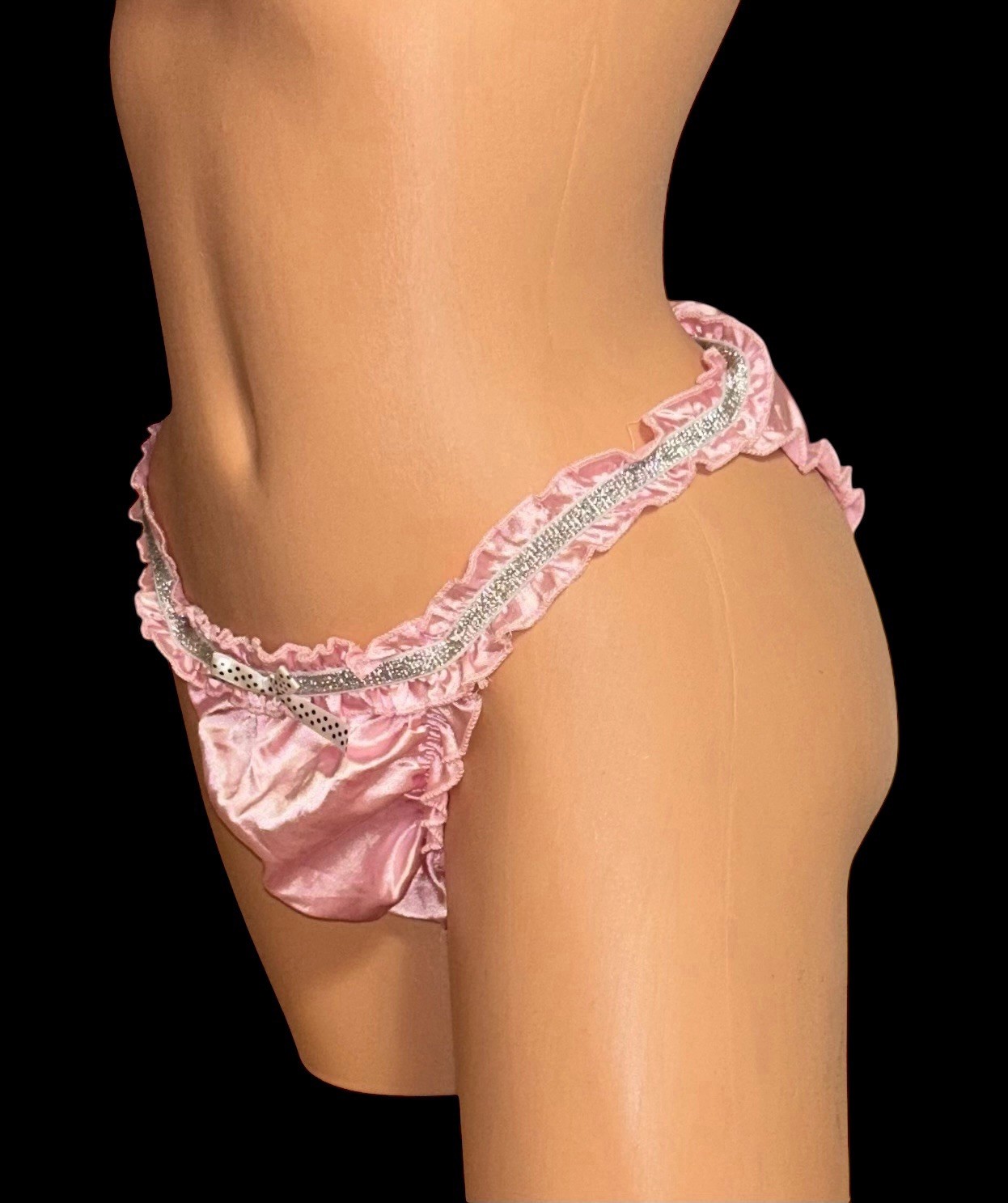 Iefiel Pink Shiny Satin Silver Lace Trim Panties Men’s M NOS
