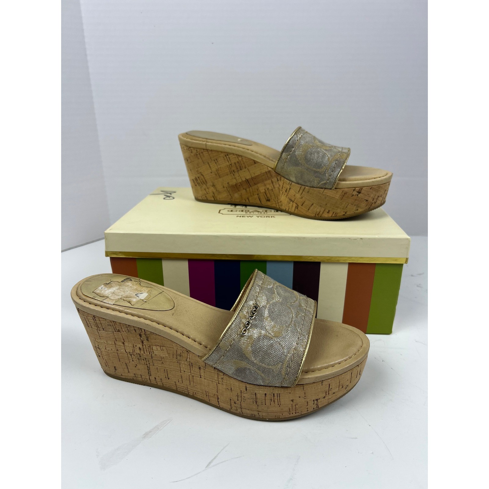 Coach Signature C Monogram Cork Wedge Slide Sandals Womens Size 7.5 Sand
