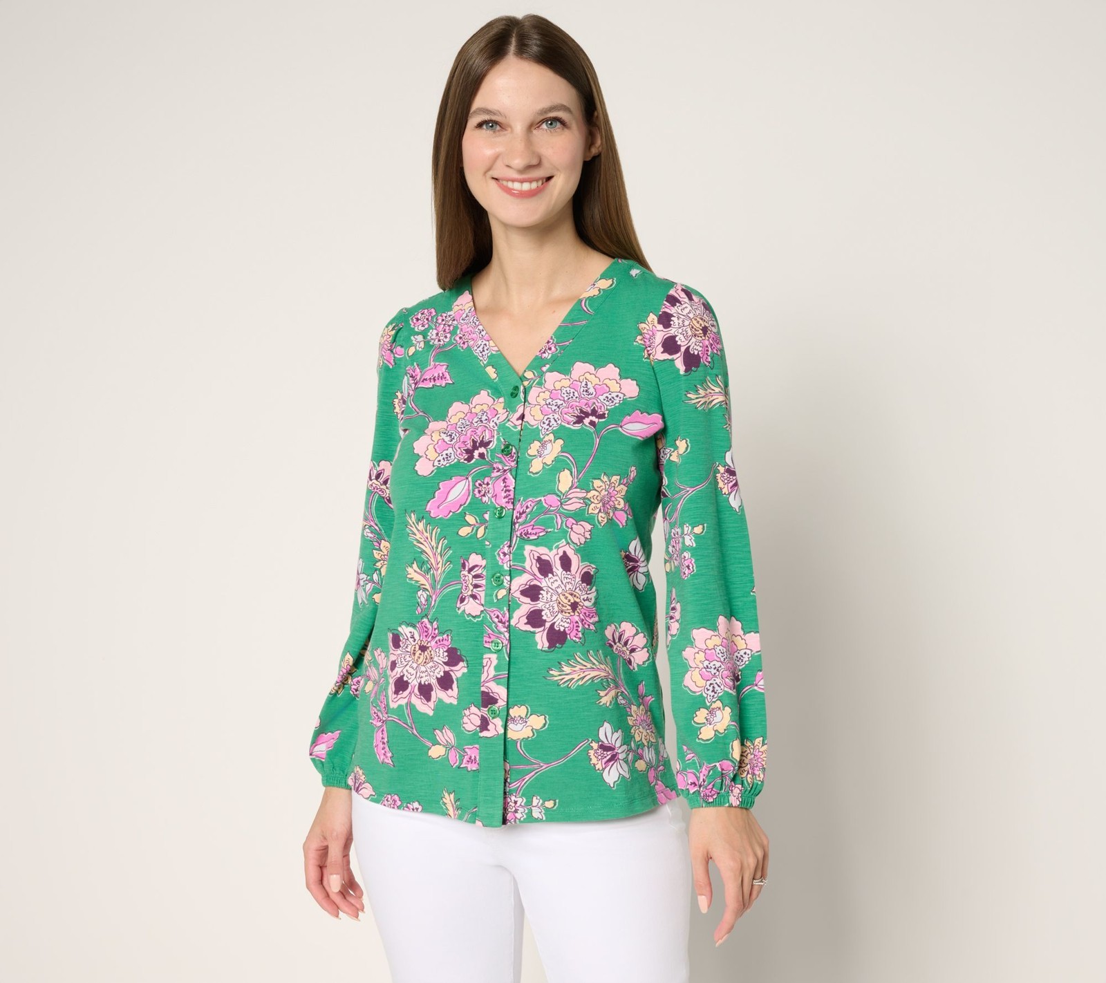 Belle by Kim Gravel Women's Top Sz S French Floral Button Multi-colored A688402