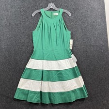 Eliza J Dress Women's 14 Green White Striped Halter Fit Flare Cotton Sleeveless