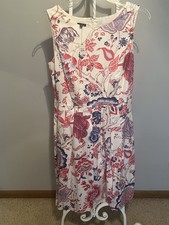 Talbots Dress Size 14 Floral Blue Cream Red Pockets Lined NWT