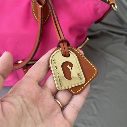Dooney & Bourke Large FUCHSIA Nylon DILLEN Double Pocket Satchel British Tan EUC - Picture 3 of 21