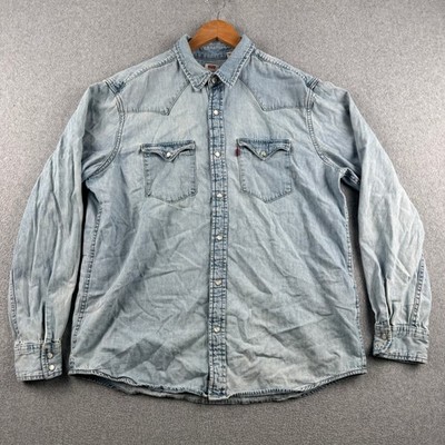 Levi Denim Shirt Mens L Light Blue Pearl Snap Western Standard Long Sleeve