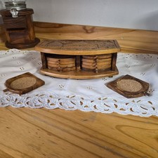 Vintage Handcarved Wooden Coaster Set- 10 Coasters In Box- Thailand