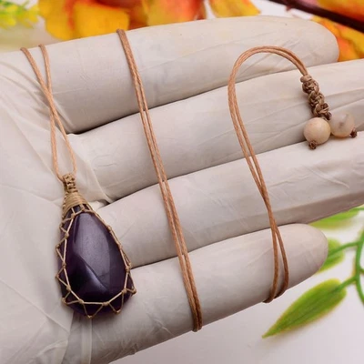 Ushaqgems Handgefertigte Natürliche Amethyst Boho Makramee Anhänger Halskette - Bild 1 von 4