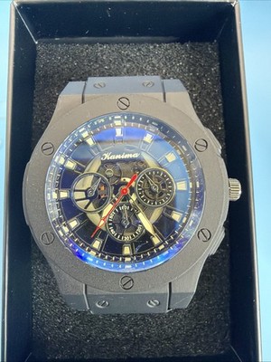 Kanima Men's Skeleton Watch Black Case Black Rubber Strap New