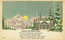 Postcard Christmas Greetings House Snow Trees Mountains