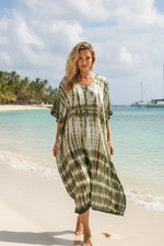 Boho Green & White Maxi Kaftan Dress – Soft Flowy Beach Cover-Up for Women L-3X