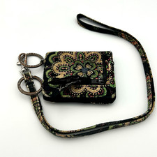 Vera Bradley Quilted Zip ID Case and Lanyard Marina Paisley Green Gold Black