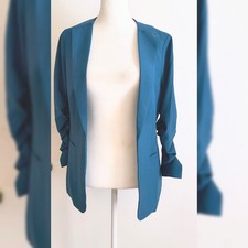 Skies Are Blue Teal Blue Open Front Ruched Sleeve Blazer Jacket XS