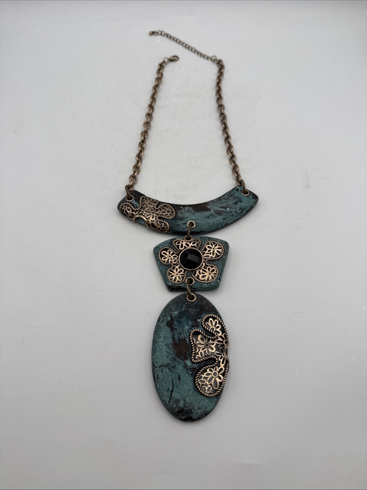 Large Statement Necklace Rhinestone Distressed Gr… - image 5