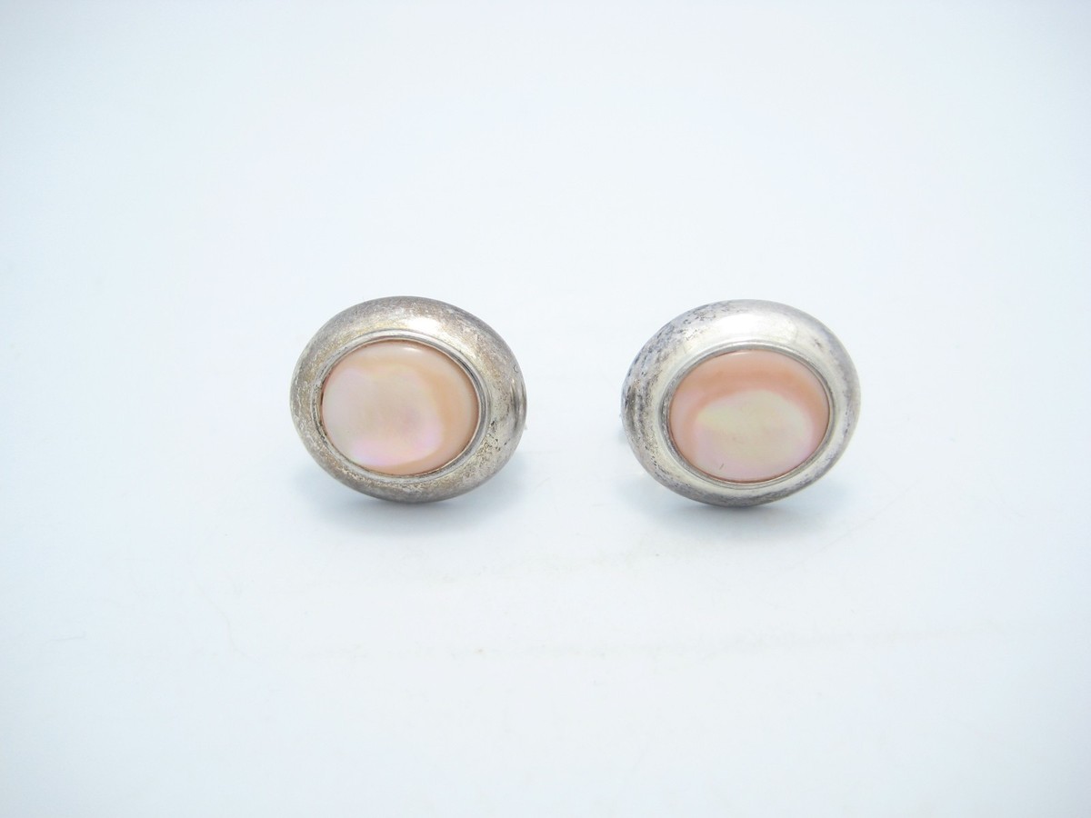 Sterling Silver Oval Pink Shell Or Pearl Stud Earrings