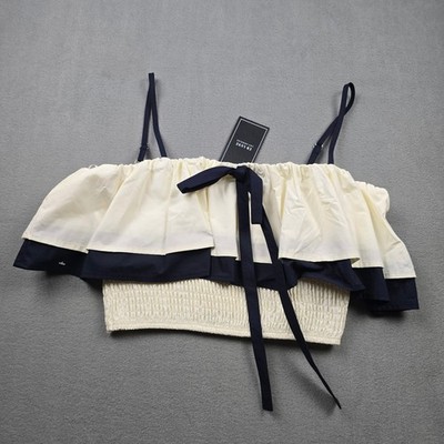 EB Luxe Los Angeles Womens Smocked Ruffle Crop Top Cream Navy Blue LT1819 M NEW