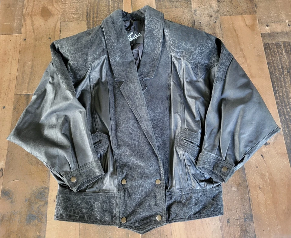 Chaqueta de cuero Winlit vintage años 80’s 90, abrigo de gran tamaño con mangas de ala de murciélago mediana