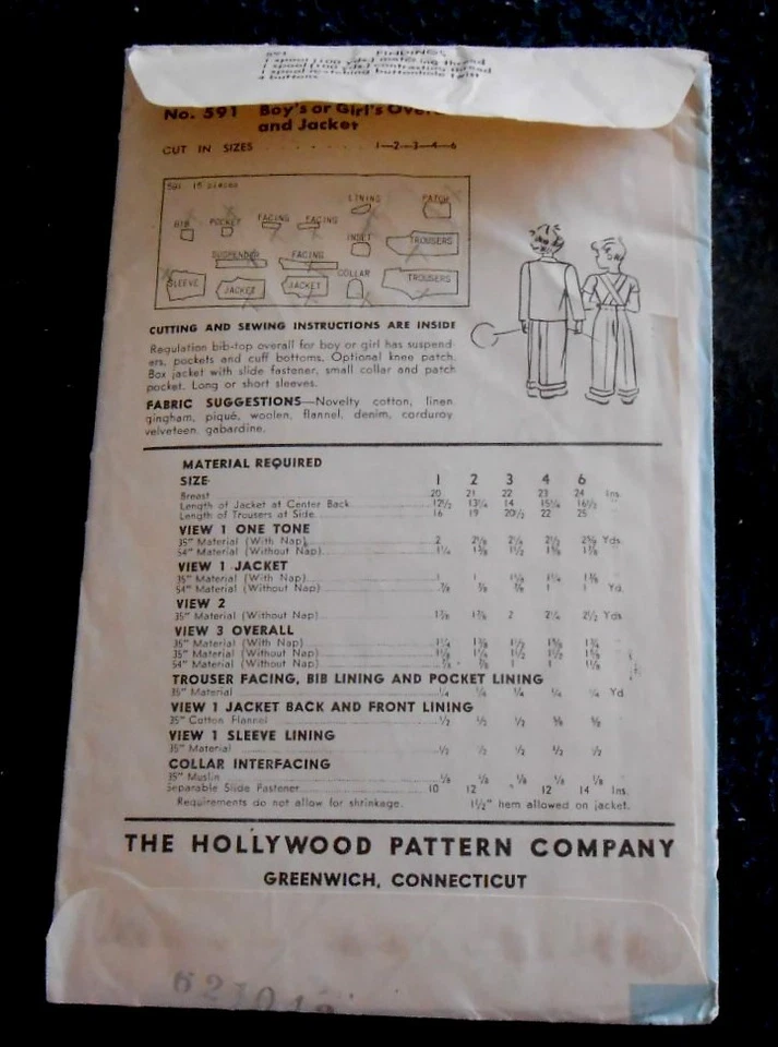Vintage Hollywood Patterns No. 591 Boy's or Girl's Overall and Jacket - Size 1 - Image 2 of 3