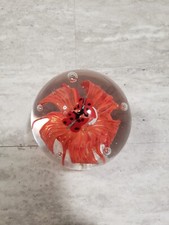 Art Glass Paperweight Orange Flowers with Butterflies Paperweight