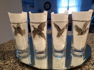 4 Vintage Federal Drinking Glass Ring Necked Pheasant 5.5  Tall Silver Rimmed