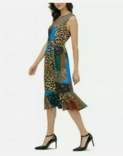 Calvin Klein Patchwork Leopard Floral Houndstooth Print Belted Dress Size Medium
