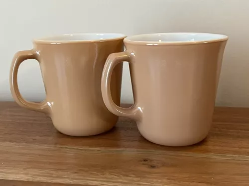 Vintage Corelle CORNING Coffee Cup Mugs Set of 2 - Almond Brown Tan D-Handle
