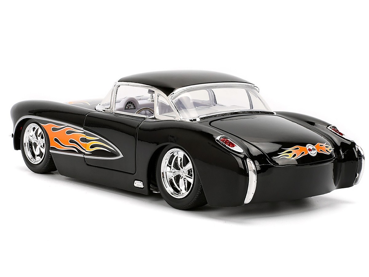 1957 CHEVROLET CORVETTE BLACK W/FLAMES 1/24 DIECAST MODEL CAR BY