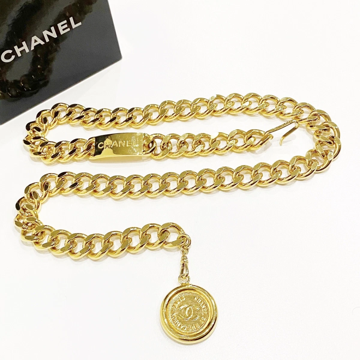 CHANEL Logo ID Gold Thick Chain Belt Necklace Vintage 24k Gold Plated  AUTHENTIC