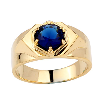 Yellow Gold Plated Men Ring Classic Round Simulated Blue