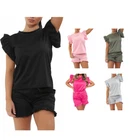 Women’s Frill Cap Sleeve Round Neck Top Shorts Co-Ord Tracksuit Set - Ladies 2 P