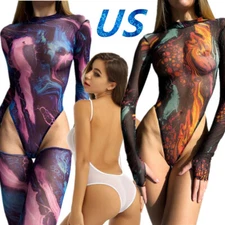 Womens Sheer Long Sleeve Bodysuit Swimwear Mesh See-through Jumpsuit Swimsuit