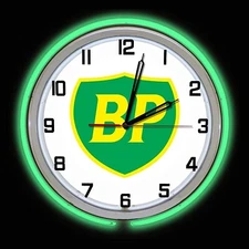 15" BP Gas Oil Sign Green Double Neon Clock Garage Man Cave Gasoline
