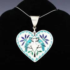 NATIVE AMERICAN ZUNI INLAY BLUE JAY HEART PENDANT BY QUINTIN QUAM
