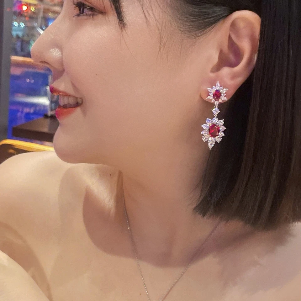 Nuevos aretes colgantes de plata con piedras preciosas de topacio blanco granate rojo de lujo para mujer Foto 2 de 4